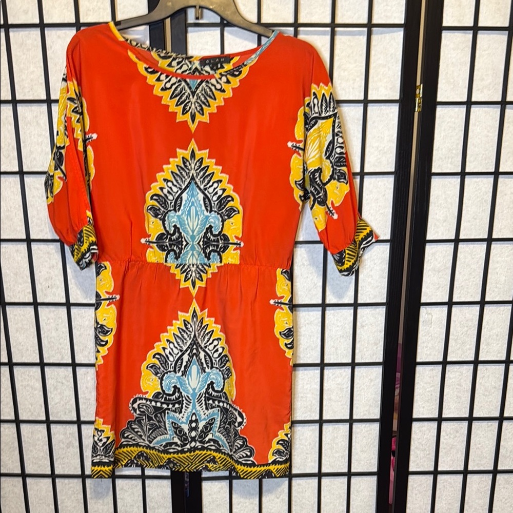 Glam Orange and Blue Mini Sundress with Cuffed Sleeves